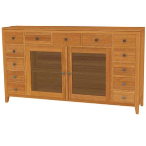 Teak massiv Sideboard aus Plantagenholz mit 2 Schwingtüren mit Glaseinsatz und 13 Schubfächern