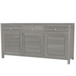 Massives Teakholz Sideboard aus Plantagenholz mit 3 Schwingtüren und 3 Schubladen in modernem White Wash mit leichtem Grauton