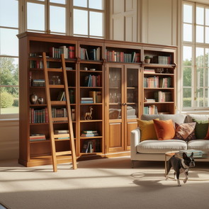 Grosse Bibliothek aus Teak Massivholz mit Leiter und Vitrine, Massanfertigung vom Scheiner in Handarbeit aus der MOEBEL KOLONIE Manufaktur