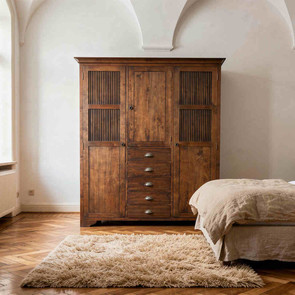 Kleiderschrank Havanna aus massivem Teak mit Schwingtueren und Schubfaechern hier in der Farbe Antik, Schrank in der MOEBEL KOLONIE Manufaktur vom Schreiner gefertigt, Wohnen wie im Urlaub