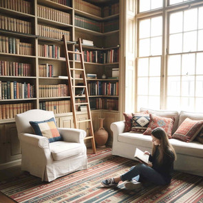 Massivholz Bibliothek Shakespeare mit Reling und Leiter sowie geschlossenen Fächern im unteren Bereich ... Bibliothek aus zertifiziertem Teak, vom Schreiner auf Mass gefertigt, Maßmoebel ohne Aufpreis aus der MOEBEL KOLONIE Manufaktur