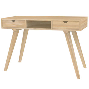 Puristischer Massivholz Schreibtisch im skandinavischen Stil aus zertifiziertem Plantagenteakholz mit je 1 Schublade links und rechts und 1 offenen Fach in der Mitte