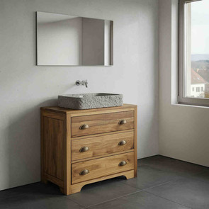 Waschtisch Isar aus massivem Teak mit 3 grosseni Schubfaechern Massivholz Teak Badezimmer Moebel vom Schreiner traditionell in Handarbeit mit Siphonaussparung gefertigt, im individuellen Wunsch Mass erhaeltlich, Waschtisch nach Mass aus massivem Teak Holz mit Waschbecken aus  Naturstein, edel und chic,  Muenchen Moebel Manufaktur und Design, Badezimmer wie im Urlaub