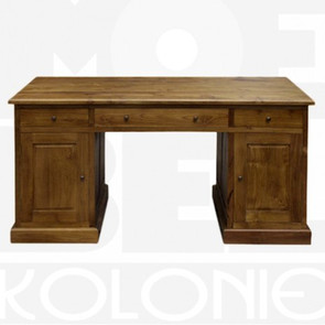 klassischer Schreibtisch aus massivem Teakholz, der Schreibtisch Moebel Kolonie hat drei Schubladen in zwei unterschiedlichen Groessen und ist durch seine beiden seitlichen Container Fuesse ein echtes Stauraumwunder mit viel Platz fuer Computer und Zubehoer oder auch Ordner, Homeoffice Moebel Muenchen, MOEBEL KOLONIE Manufaktur und Design