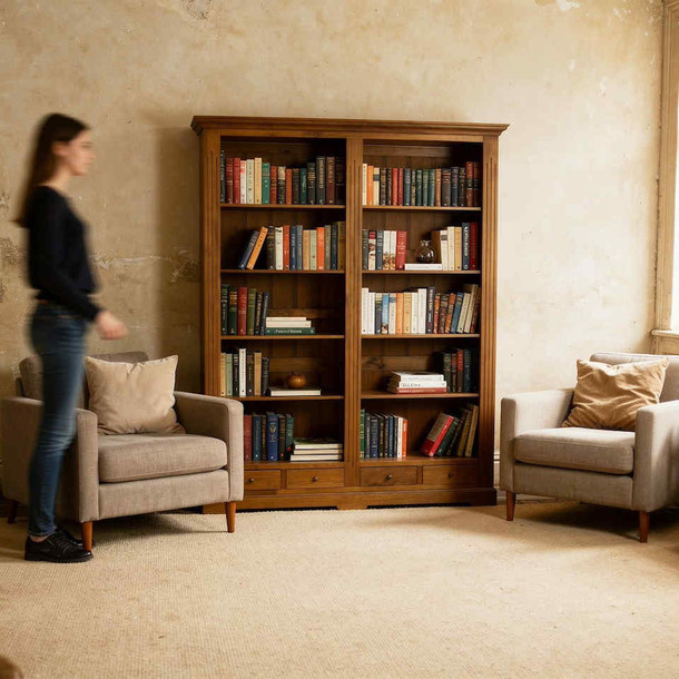 Classic Double grosses Teak Massivholz Buecherregal mit vier Schubladen im unteren Bereich, Regal mit Mittelsteg, Regal aus massivem Teakholz mit viel Platz fuer Buecher, handgefertigt vom Scheiner in der MOEBEL KOLONIE Manufaktur