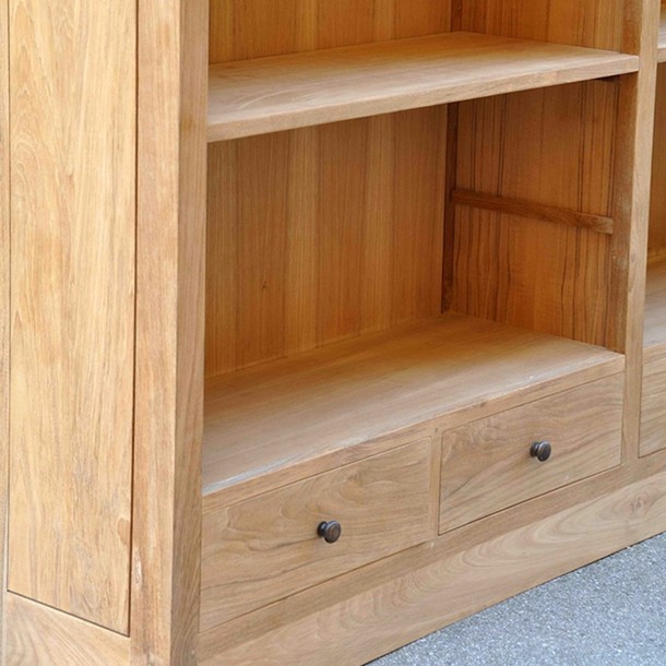 Detail Classic Double Regal Schubladen im unteren Bereich, Teak  Massivholz Regal Roh unbehandelt