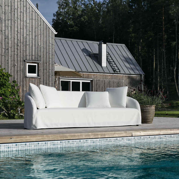 Gartensofa, drei Sitzer Sofa Dahlia für den Outdoorbereich, auch fuer Indoor geeignet, abnehmbarer wetterfester Bezug, weisser Hussenbezug, MOEBEL KOLONIE Muenchen Schwabing, Garten Moebel vom Spezialisten