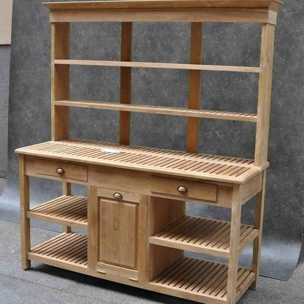 Grosse Outdoor Kueche Svenja aus massivem Teakholz mit zwei Schubladen und einer aufklappbaren Tuerfront, MOEBEL KOLONIE Moebel auf Mass ohne Aufpreis