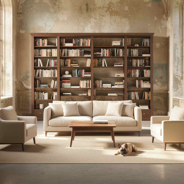 Klassisches grosses Buecherregal Classic open aus massivem Teak, mit Schubladen im unteren Bereich, hier in der MOEBEL KOLONIE Farbe Antik Regal vom Schreiner in Handarbeit gefertigt, MOEBEL KOLONIE Muenchen