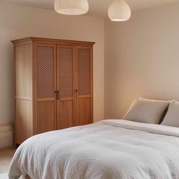 Massiver Teakholz Schrank Lettice in der Farbe Natur mit 3 Schwingtueren in der Lettice-Geflecht -Optik, ein Schreiner Meister Stueck aus unserer MOEBEL KOLONIE Manufaktur, Edelholz massiv Schrank aus Teak fuer Kleidung und Waesche, Massivholz Schrank nach Mass ohne Aufpreis, Moebel Muenchen