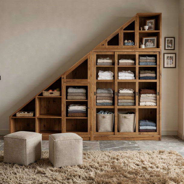 Massiver Teakholz Schrank Sloping in der Farbe Natur mit Schwingtueren  und Schiebetueren, Glasfronten,ein Schreiner Meister Stueck aus unserer MOEBEL KOLONIE Manufaktur, Edelholz massiv Schrank aus Teak fuer Kleidung und Waesche, Massivholz Schrank nach Mass ohne Aufpreis, Moebel Muenchen