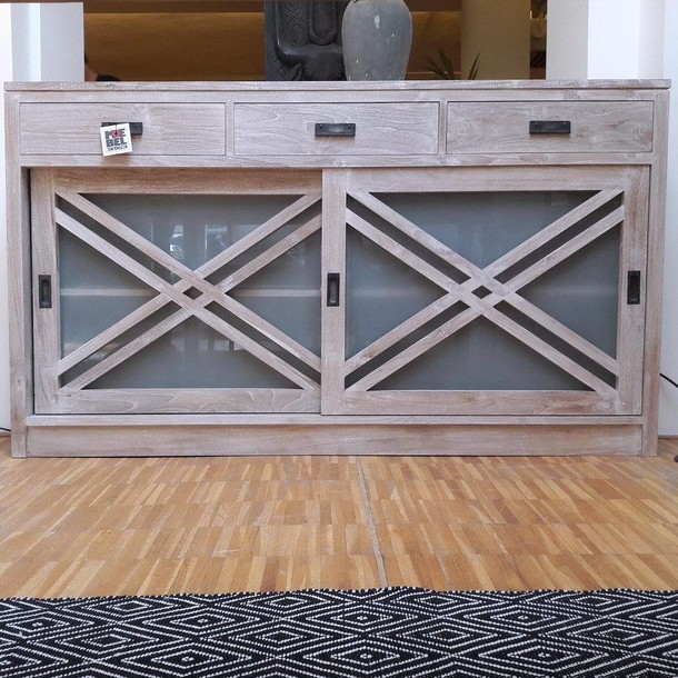 Massives Teak Sideboard Slide mit Tuerfuellung Cross, Sideboard in der Farbe White Wash