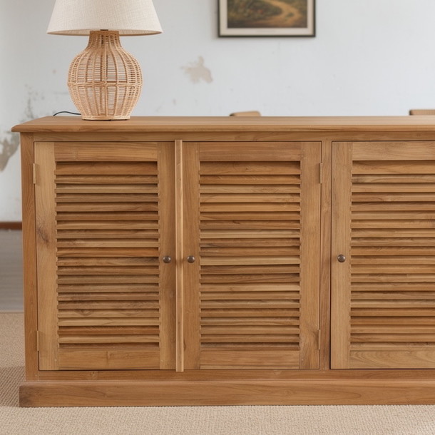 Massives Teakholz Sideboard Lamelle mit viel Stauraum, MOEBEL KOLONIE Wohnen wie im Urlaub, mediterranes Flair mit dem Sideboard Lamelle fuer Ihr Zuhause
