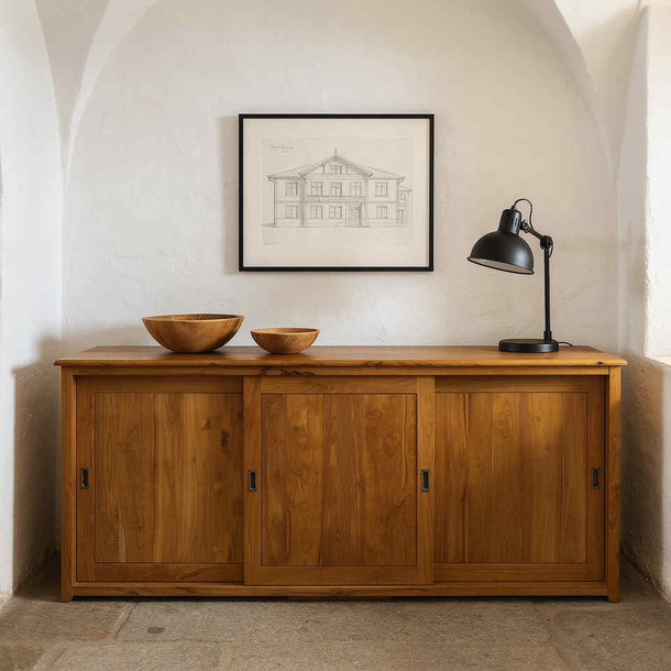 Massivholz Sideboard aus Teak massiv mit geschlossenen Tuerfuellungen, Stauraummoebel mit viel Platz fuer das Buero, Flur Wohnzimmer etc. vom Schreiner handgefertigt in der MOEBEL KOLONIE Manufaktur
