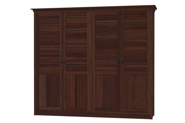 Massivholz Teak Schrank in der Farbe Antik aus unserer MOEBEL KOLONIE Farbpalette, Schrank mit vier Schwingtueren in Horizontal Design im oberen Teil und Vollholz Optik im unteren Bereich, Massivholz Schrank aus Teak in bester, traditioneller Schreiner Qualitaet, Schrank nach Mass aus massivem Teak, Muenchen Moebel Manufaktuer und Design, frei konfigurierbar