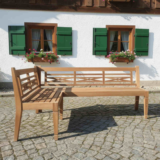 Outdoor und Indoor Eckbank Java aus massivem Teakholz, vom Schreiner in der MOEBEL KOLONIE Manufaktur in Handarbeit gefertigt, typische javanesische Schnitzerei in der Rueckenlehne