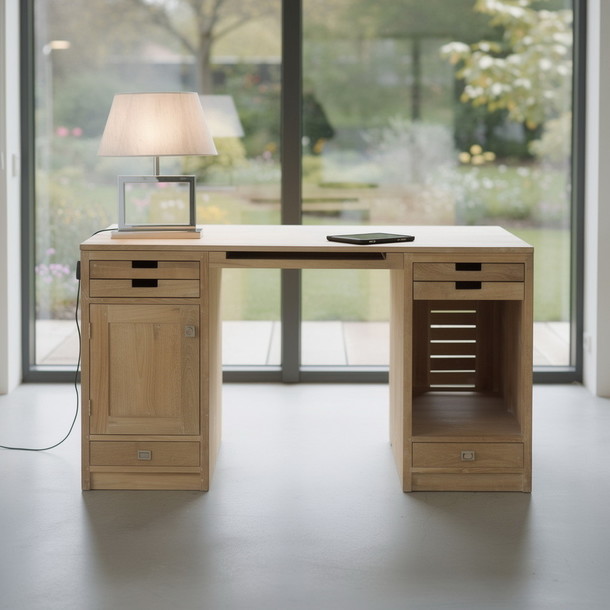 Schreibtisch aus Teakholz mit Schüben und Türen.