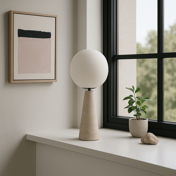 Sehr elegante Tischlampe mit Travertin Sockel , Nimue ist eine attraktive Leuchte mit schlankem Fuss und schoen geformtem Korpus, grosse Auswahl an exklusiven Lampen in der MOEBEL KOLONIE Muenchen Schwabing, Manufaktur und Design