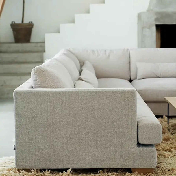 Seitenansicht vom Sofa Brandon, modernes Sofa mit einem Stoff in Grey, festbezogen oder mit abziehbarer loser Husse