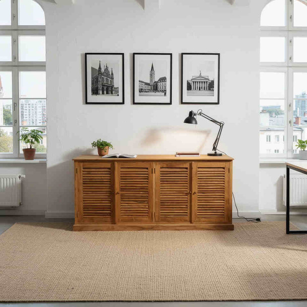 Sideboard Lamelle aus massivem Teak auch fuer Ihr Buero, Homeoffice mit viel Stauraum