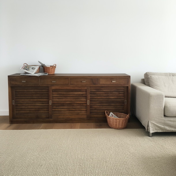 Slide Sideboard aus Teakholz massiv mit vier Schubladen und drei Schiebetueren, hier in der MOEBEL KOLONIE  Farbe 002/ Antik