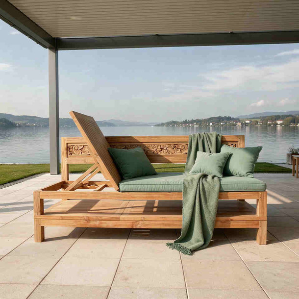 Stapelbare Liege Bali Massivholz Teak mit Polserauflagein, Liege mit wunderbarer Schnitzerei vom Schreiner Meister in Handarbeit in der MOEBEL KOLONIE  Manufaktur gefertigt, Massivholz Mass Moebel ohne Aufpreis, Massivholz Moebel Muenchen