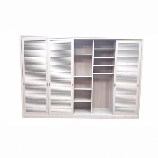 Teak Massivholz Schrank fuer Kleidung und Waesche mit vier Schiebetueren in Lamellen Optik, frei waehlbare MOEBEL KOLONIE Farbe, Tuer Fuellungen und  Beschlaege, individuelles Wunsch Mass moeglich, Schrank aus Massivholz Teak mach Mass, Muenchen Moebel