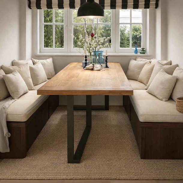 Tischplatte Barli mit Kopfholz aus Recycled Teak massiv mit Tischgestell aus schwarzem Metall fuer Esszimmertisch, vielfaeltige Tischplatten in vielen verschiedenen Massen, ;OENEL KOLONIE Muenchen