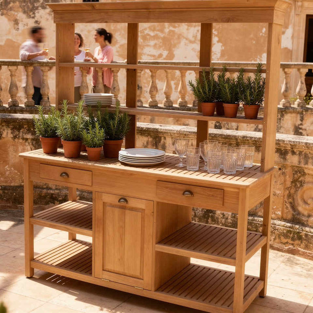 Wunderbare Outdoor Kueche Svenja aus Teak massiv mit viel Stauraum, zwei Schubladen und eine Klapptuere in der Mitte, Schreiner Handarbeit MOEBEL KOLONIE Moebel nach Mass ohne Aufpreis