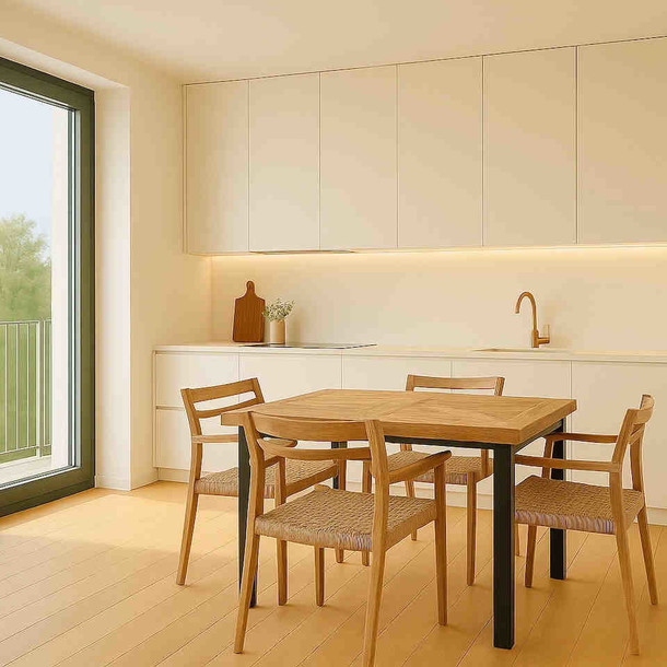 eleganter Esstisch Patch mit schwarzen Metallbeinen und exklusivem Holzmuster, Armlehnstuehle aus Teakholz mit Seilgeflecht, Esszimmer vom Spezialisten Muenchen MOEBEL KOLONIE Muenchen