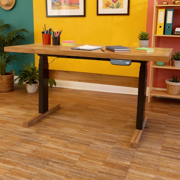 höhenverstellbarer Schreibtisch mit Echtholzplatte aus Teak