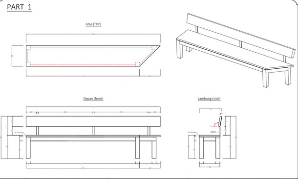 technische Detail Zeichnung mit Maßen Eckbank Teak