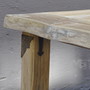 Detail Ansicht von der  Tischplatte vom Teak Massivholz Tisch Singo, Teak massiv Tisch traditionell vom Schreiner in Handarbeit gefertigt, hier in der MOEBEL KOLONIE Farbe Roh, Dekoration der Tisch Beine mit sehr schoeneer Metall Verzierung