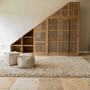 Kleiderschrank Sloping aus massivem Teak mit Schwingtueren und Schiebetueren, sowie offenen Faechern die Tuerrfuellungen sind im Staebchen Design gehalten, Schrank aus Edelholz Teak massiv aus der MOEBEL KOLONIE Farbauswahl, Schrank nach Mass in bester traditioneller Schreiner Qualitaet gefertigt, auch als Flur Moebel nach Mass aus Massivholz, Massivholz Teak Schrank Muenchen