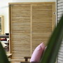 Massivholz Teak Schrank Granada mit zwei Lamellen Schiebetueren, vom Schreiner in Handarbeit in unserer Manufaktur gefertigt, Schlafzimmer Schrank mit Shutter Tuer Fuellungen im mediterranen Style, Schrank nach Mass aus Massivholz Teak, Muenchen Moebel