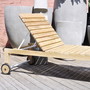 Poolliege Acapulco aus Teak Holz massiv, Liege mit Rollen und klappbarem Kopfteil, Gestell aus weissem Metall