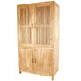 Teak Massivholz Schrank Living mit vier Schwingtueren, exklusiver Schrank fuer Waesche und Kleidung mit Türfüllung im leichten modern Slated Design im oberen Bereich und Vollholz Tueren im unteren Teil, ein Scheiner Meister Stueck aus der MOEBEL KOLONIE Manufaktur, Massivholz Moebel aus Teak im mediterranen Style, Schrank nach Mass Muenchen