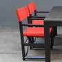 Tisch aus Teak massiv in der Farbe Schwarzbraun, mit in der Farbe passenden Regie Stuehlen, Bezug in Rot abnehmbar, Safari Style, MOEBEL KOLONIE MUENCHEN Manufaktur und Design