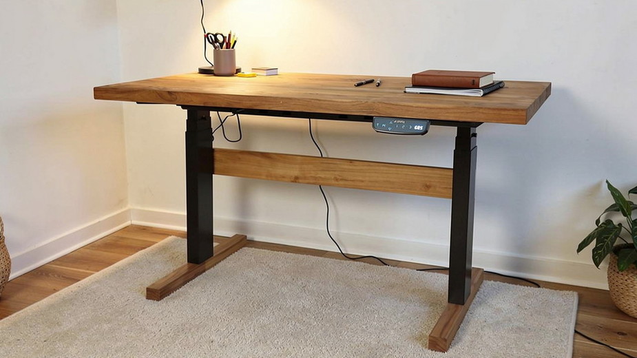 Schreibtisch höhenverstellbar mit Tischplatte aus Teak