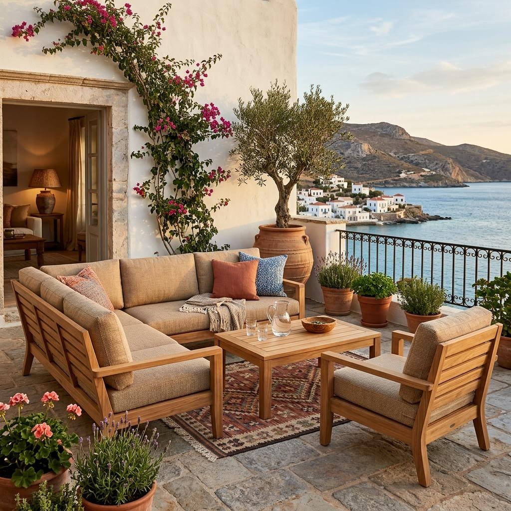 Teak-Loungegruppe mit Polstern auf einer sonnigen Terrasse
