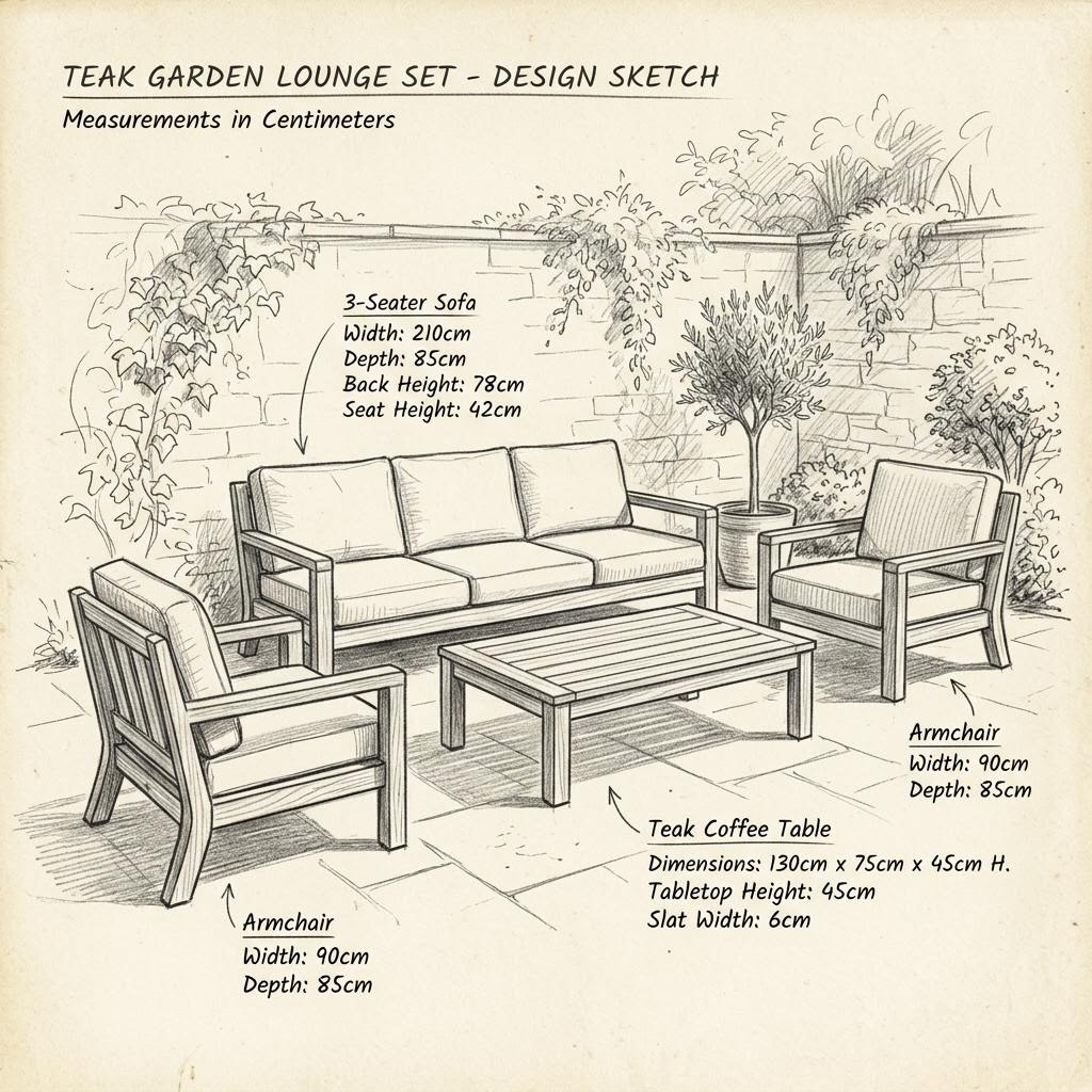 Skizze: Garten-Loungegruppe mit Sofa und Tisch